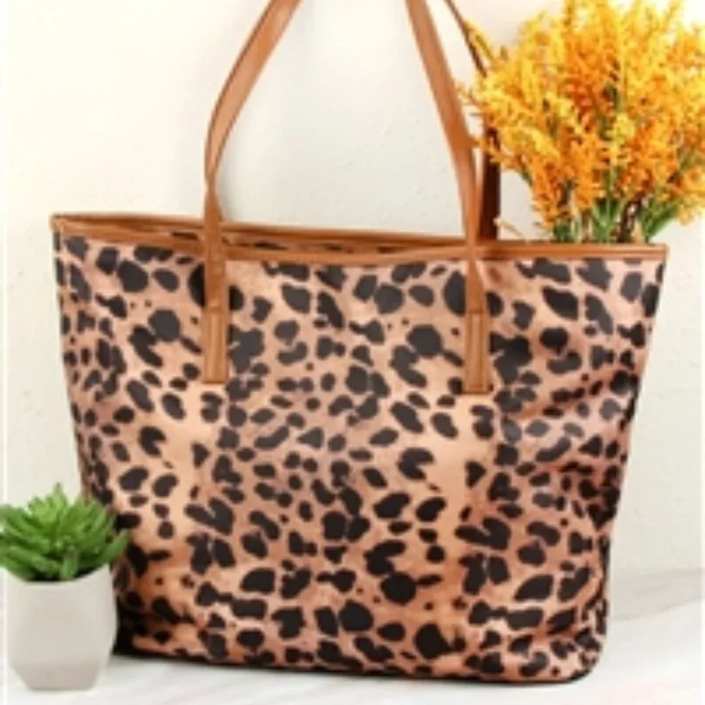 Leopard -Animal Print Black & Brown Tote Bag- Double Handles- Style 2- NWT